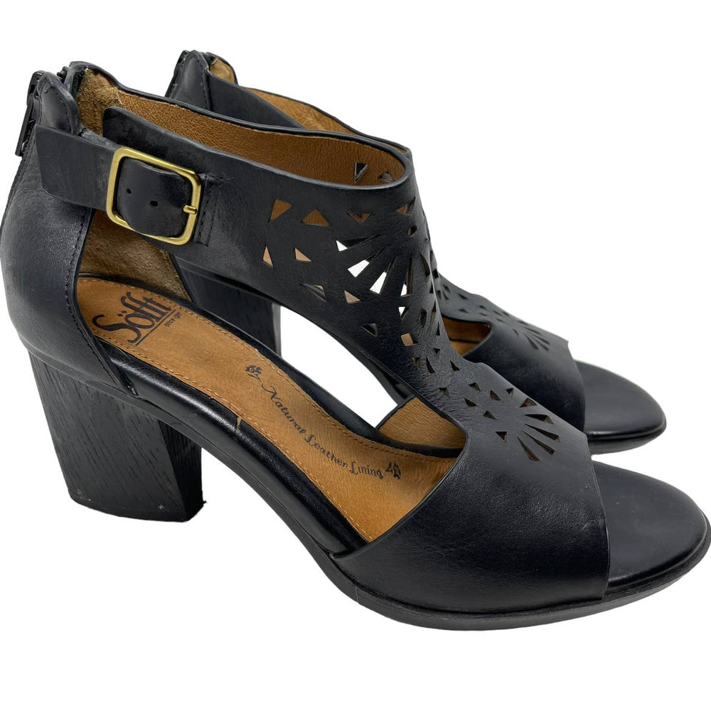 Sofft Black Laser-Cut T-Strap Block Heel Sandals - Picture 2 of 9